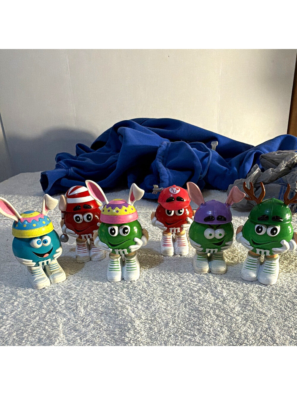 M&M's Character Figurines Lot of 6 Multicolor Green Red Blue Bunny Ears Antlers